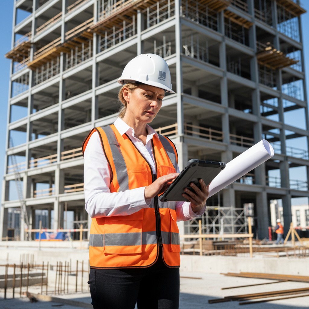 Een vrouwelijke bouwkundig ingenieur met een veiligheidshelm en reflecterend vest bekijkt bouwtekeningen op een tablet voor een gebouw in aanbouw.