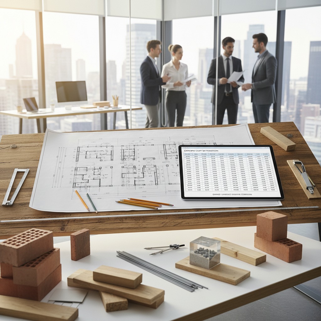 Een houten tekentafel met bouwtekeningen, een tablet met een tabel en diverse bouwmaterialen, terwijl op de achtergrond vier zakenmensen in een kantoor met uitzicht op de stad overleggen.